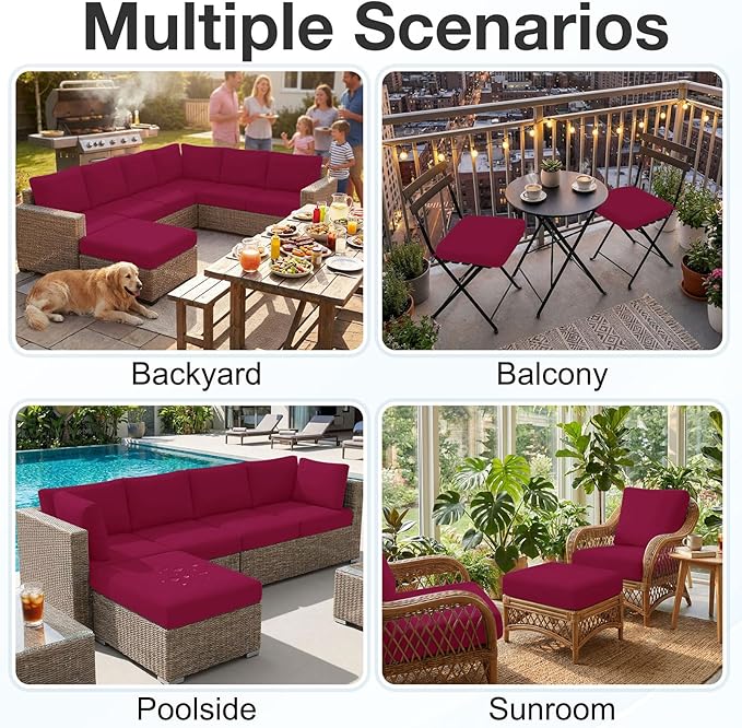 hyha Waterproof Outdoor Cushion Covers for Patio Furniture, Stretch Patio Chair Cushion Slipcovers, Coated UV Resistant Replacement Seat Covers, Solid Color (Wine Red, 12PC)