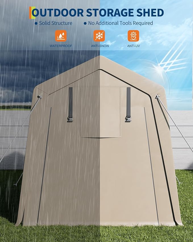 6 x 8 ft Bike Shed ATV Storage Tent Portable Storage Shed Outdoor Carport Tarp Sheds with Roll-Up Door for Motorcycle, Car, Garden Tools Khaki