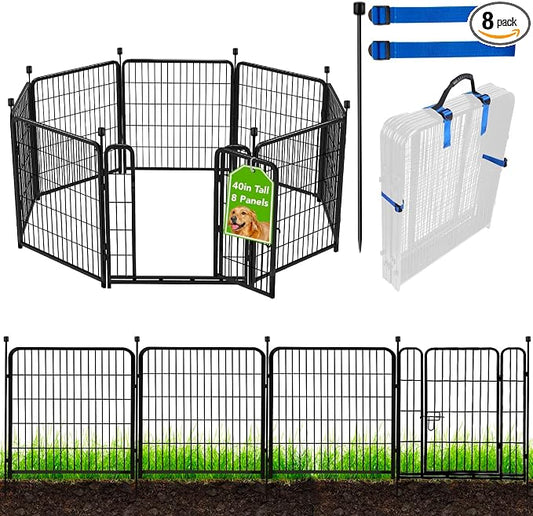 ADAVIN Tall Garden Fence with Gate, 40 in(H) 8 Panels Animal Barrier Fence, Heavy Duty Iron Metal Fence and Border, Indoor or Outdoor Dog Playpen, Flower Bed Fencing, Total 17.7 FT(L),Black