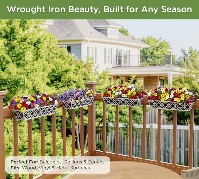 HFHOME 2 Pack 24 Inch Railing Planter Boxes with Adjustable Brackets & Non-Woven Fabric Liner Adjustable Gray Metal Window Box Planter for Balcony Deck Fence, Hanging Flower Basket for Outdoor Garden