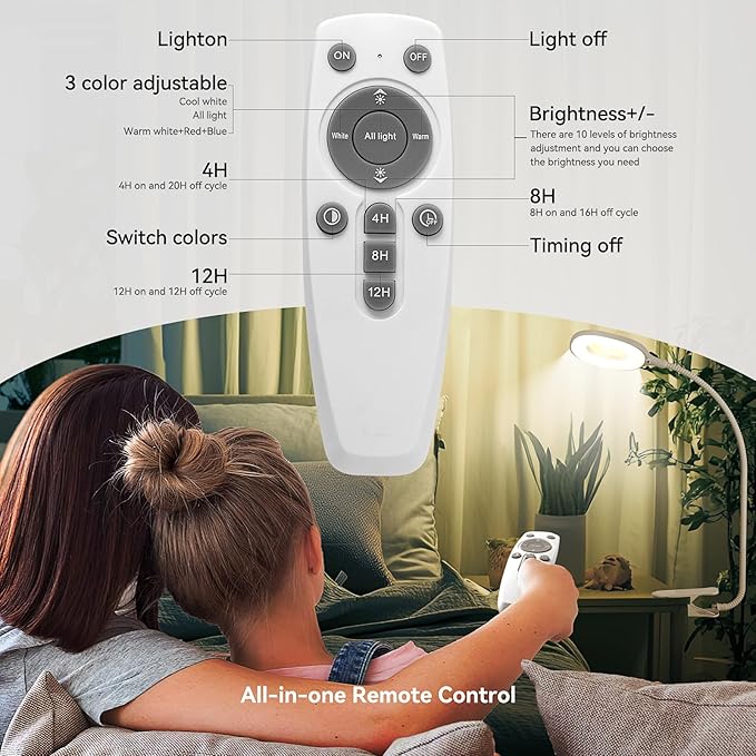 Grow Lights for Indoor Plants Full Spectrum, Clip On Plant Light for Small Plants, Plant Lamp with Adjustable Gooseneck, 4/8/12H Timer, 3 Color Adjustable & 10 Dimmable Brightness, Remote Control