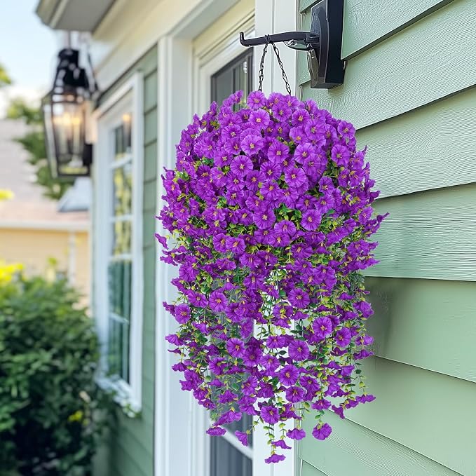 MARTINE MALL 8 Pcs Look Real Artificial Flowers for Outdoors, Realistic Artificial Hanging Flowers for Outdoors, UV Resistant Fake Hanging Plants Silk Petunia Faux Flowers for Porch Patio, Purple