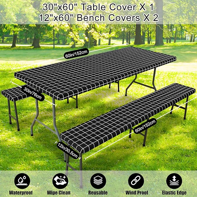 Smiry Picnic Table Cover with Bench Covers, Waterproof Elastic Fitted Tablecloth for 5 Foot Tables, Washable Polyester Tablecloths for Camping, Indoor & Outdoor (Black & White, 30x60 Inch 3-pc Set)