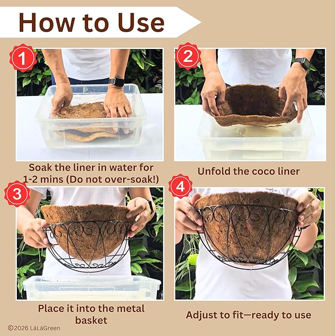 LaLaGreen 16" (2 Pack, Half Round) Coco Liners for Wall Planter Outdoor Plants – Medium Coir Fiber Replacement for Window Box, Hanging Basket, Holder-Also Available in 10/12/16’’ & Different Shapes