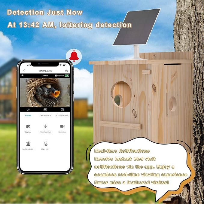 Solar-Powered Smart Owl House with Camera - Outdoor Hanging Wooden Nesting Box, Real-Time View & Motion Detection, for Garden for 2.4g WiFi Coverage Area, for Owl Lovers