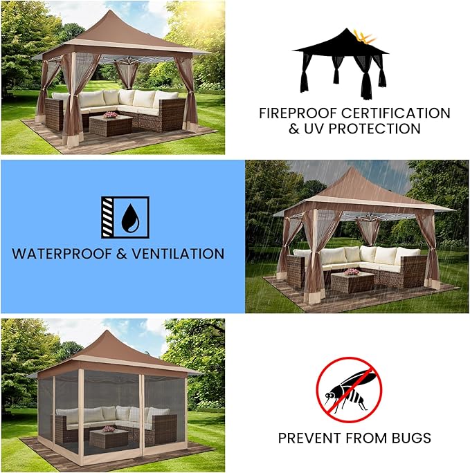 COBIZI 12x12 Pop up Canopy Gazebo on Clearance, Outdoor Canopy Tent with Mosquito Netting & Waterproof Roof & Sandbags & Carrying Bag,Patio Portable Gazebo for Garden,for Backyard,Brown