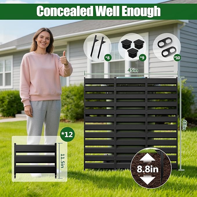 48in H x 45in W Air Conditioner Fence Screen Trash Can Privacy Fence Panels for Outside Unit, Pool Eequipment Enclosure, No Dig Backyard Fencing (Black)