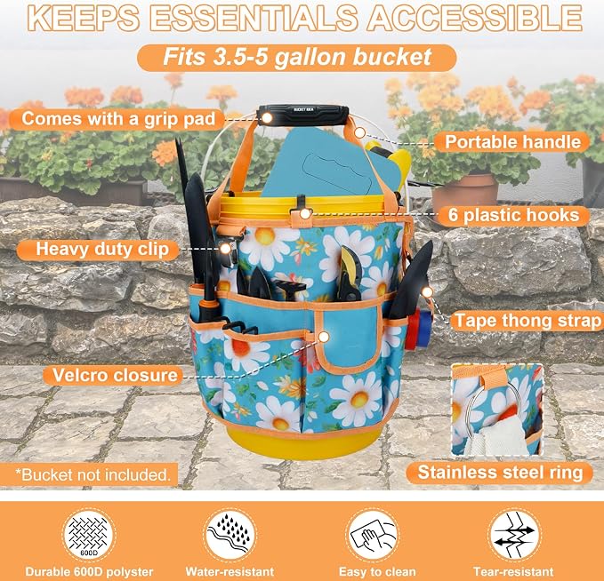 KUNN 5 Gallon Garden Bucket Tool Organizer & Kneeling Pad Set, 18-Pocket Heavy Duty Garden Caddy with Hangable Handle, Polyester Tool Bag with Grip Handle & Gardening Kneeling Pad for Women, Orange