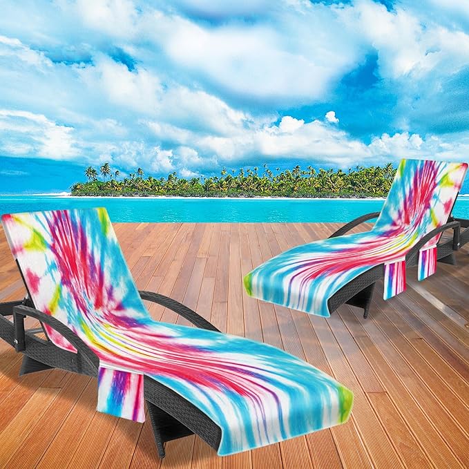 Lounge Chair Towel Cover (Pack of 2), Tie Dye Style Chaise Lounge Cover, Beach Chair Covers with Pockets for Pool Beach Garden Courtyard Outdoor Trips, 85 x30 in, Red Blue
