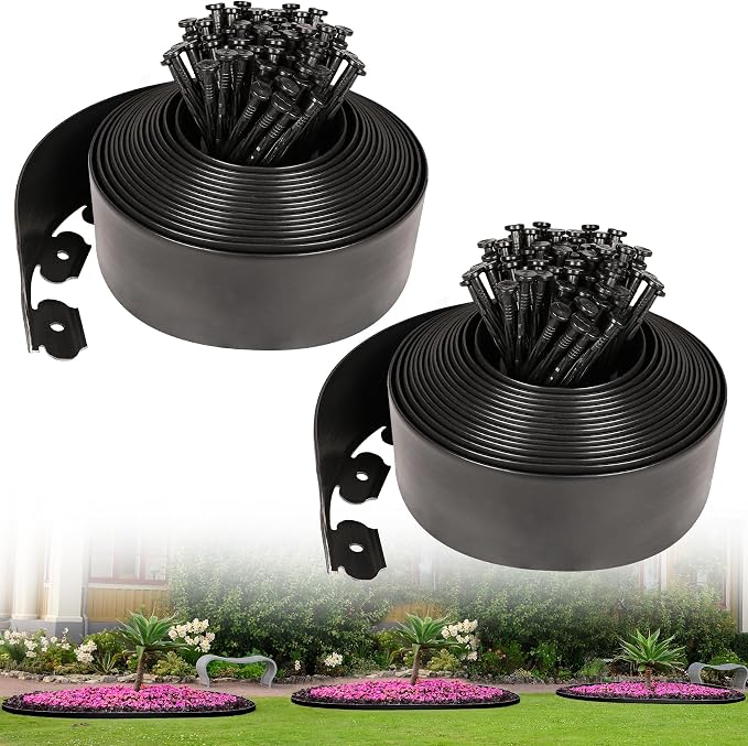 4 Inch x 66FT Tall Garden Edging Border with 90pcs Spikes, Plastic Edging Border for Landscaping, Lawn, Garden, Flower Beds, Paver, Pathway