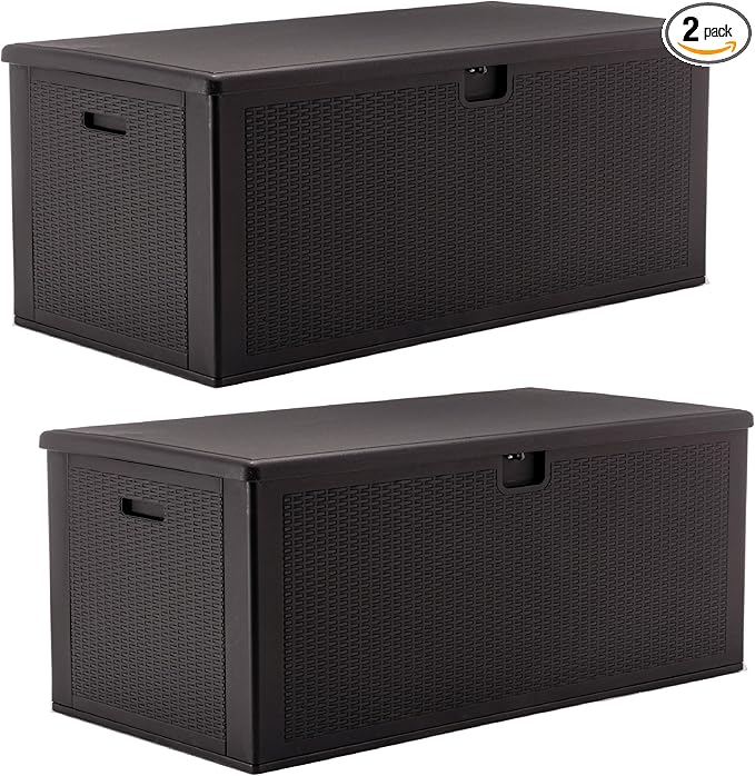 BTExpert Set of 2, 150 Gallon Extra Large Deck Box Outdoor Storage Container for Patio Furniture Cushions Garden Tools Pool Supplies Sports Equipment Waterproof Lockable Steel Rod Metal insert