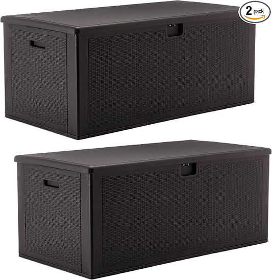 BTExpert Set of 2, 150 Gallon Extra Large Deck Box Outdoor Storage Container for Patio Furniture Cushions Garden Tools Pool Supplies Sports Equipment Waterproof Lockable Steel Rod Metal insert