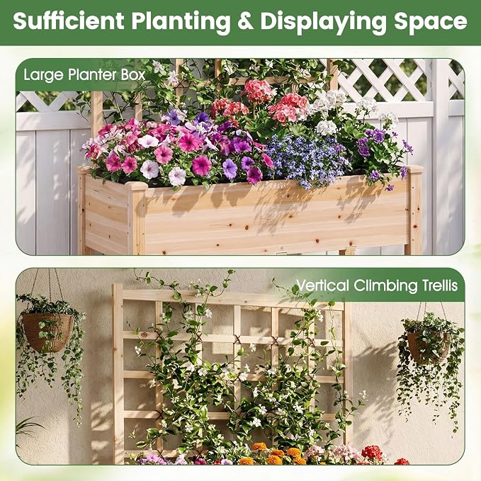 COSTWAY Wooden Raised Garden Bed with Trellis, Mobile Elevated Planter on Wheels, 285 lbs Capacity with Liner & Drainage Holes, Freestanding Outdoor Box for Climbing Plants, Vegetables, & Herbs