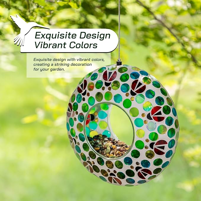 Glitzhome 8''D Mosaic Hanging Bird Feeder, Wild Bird Feeder with Blue/Green Dots & Ladybugs, Fly Through Bird Feeder for Outdoors Garden Yard Patio Deck Porch Decor