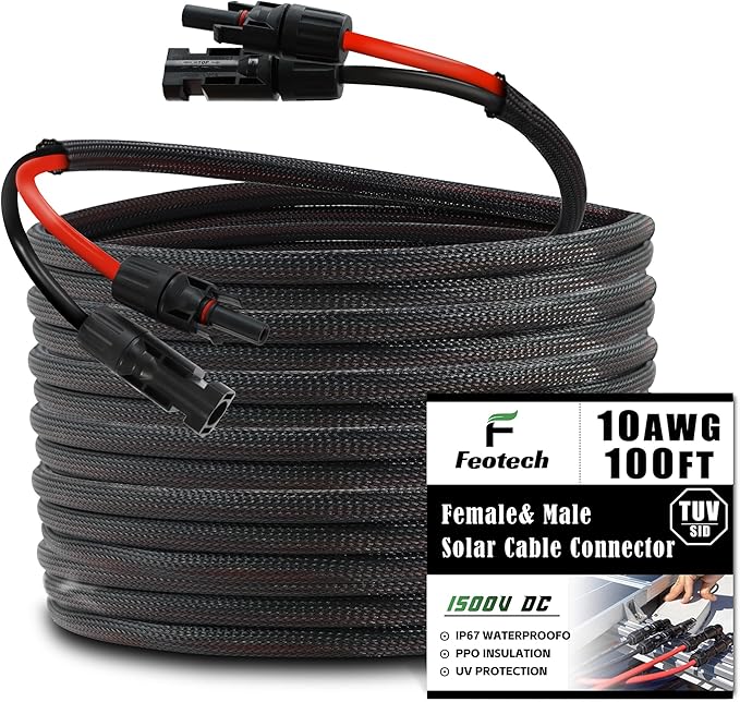 Twin Wire 100FT Solar Extension Cable - 10AWG(6mm²) Solar Panel Connector, with 6 Pairs-IP67-Male/Female Solar connectors for Outdoor Automotive RV Boat Marine Solar Panel- Black & Red