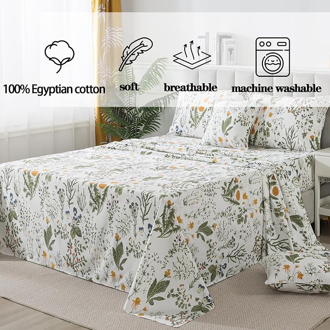 FADFAY 100% Egyptian Cotton Sheets Queen Botanical Printed Floral Sheets Yellow Flowers & Leaves Pattern Farmhouse Bedding Soft and Breathable French Country Bedding 4Pcs Deep Pocket Queen Sheet Set