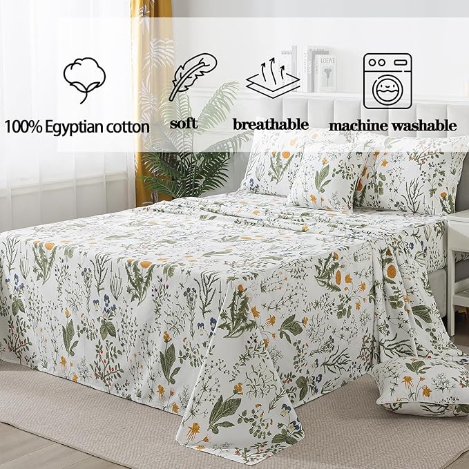 FADFAY 100% Egyptian Cotton Sheets Twin Botanical Printed Floral Sheets Yellow Flowers & Leaves Pattern Farmhouse Bedding Soft and Breathable French Country Bedding 4Pcs Deep Pocket Twin Sheet Set