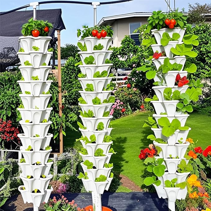 7 Tiered Strawberry Planters 3 Pack, Vertical Stackable Planter, Herb Stacking Tower Garden, Flower and Vegetable Planters with Support Pole Indoor & Outdoor with Removable Wheels Dark Grey