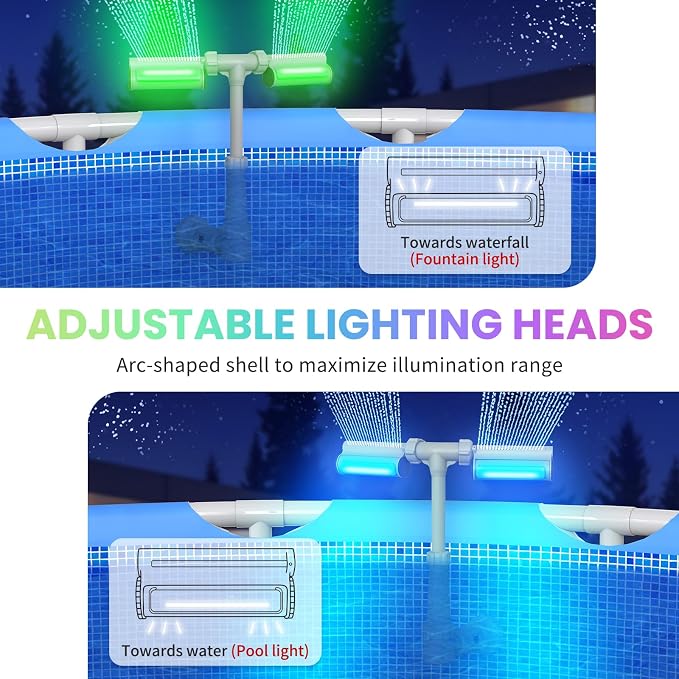Swimming-Pool Waterfall Fountain w/Colorful Led-Lights - 7 Color Changing Above/Inground Pool Fountain Lights with Remote, Water Sprinkler Adjustable Height Pool Sprayer for Outdoor Yard Decoration