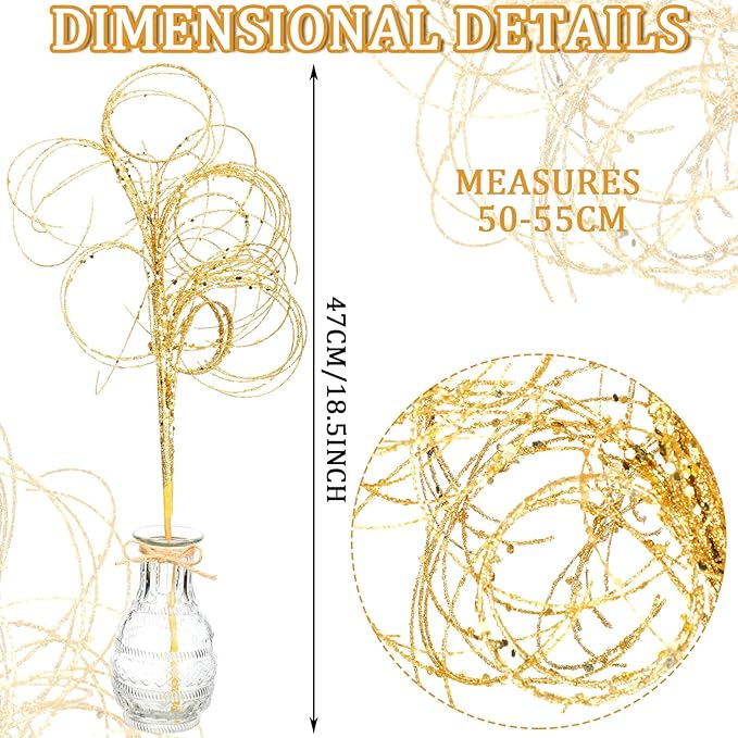 Yinder 18.5'' Glitter Curly Christmas Spray Wispy Christmas Picks Artificial Curly Twigs Branches for Vases Glitter Branches for Xmas Tree Vases Wreath Garland Banquet Decoration, 5 Pieces(Gold)