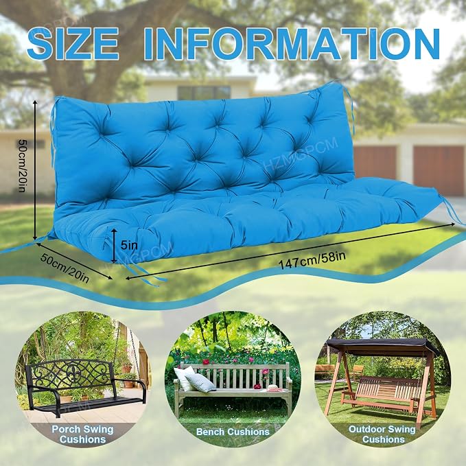 Outdoor Swing Cushions 3 Seater Waterproof Extra Thick 5 inch Porch Swing Cushions Outdoor 58 inch with Backrest & 8 Ties Not Easy to Fade Swing Cushion for Outdoor Furniture Patio Bench