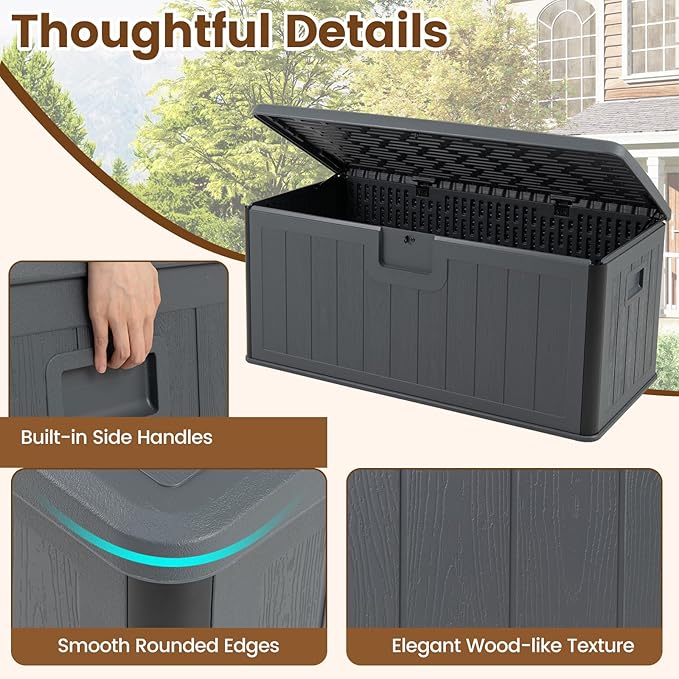 Giantex 100 Gallon Deck Box, Waterproof Resin Box with Lockable Lid, 440Lbs Outdoor HDPE Storage Container Bench for Patio Furniture Cushions, Pool Tools & Garden Accessories (Grey)