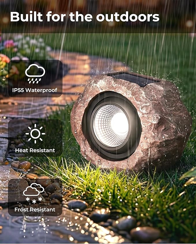 2 Pack Solar Rock Lights Outdoor, Angle Adjustable Solar Lights Outdoor Waterproof, LED Solar Garden Lights, Auto On/Off Landscape Lighting for Yard Pathway Patio Flower Bed - White Glow (Stone Brown)