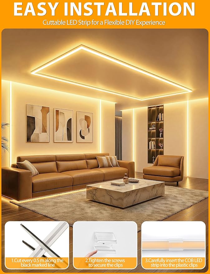 Lamomo COB LED Strip Lights 65.6Ft, Warm White Outdoor Led Rope Light, Waterproof Flexible Silicone Cuttable 3000K Neon Led Lights for Bedroom Garden Commerica Holiday Decor, CRI90+, AC 120V