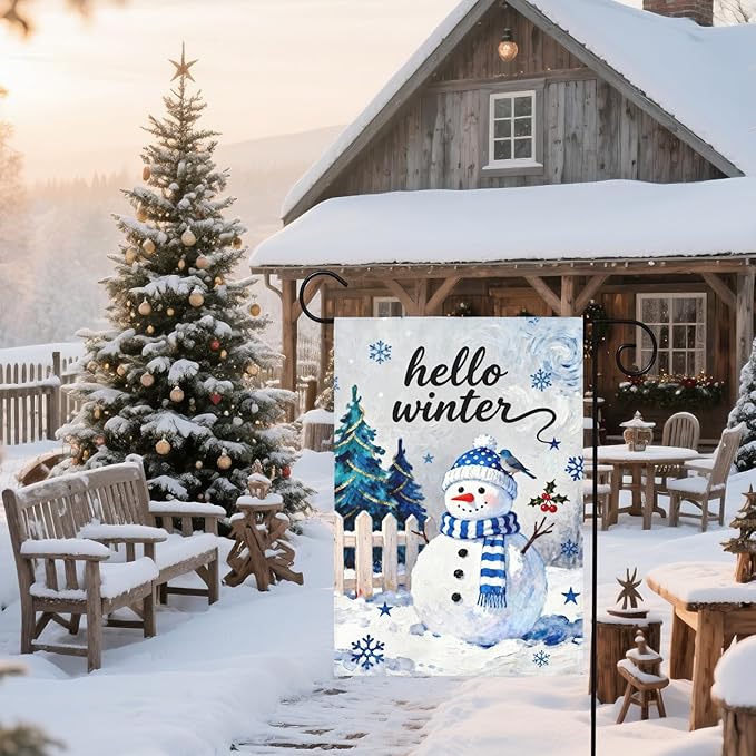 Hello Winter Snowman Garden Flag 12x18 Inch Snowflake Tree January Decorative Yard Flags for Outside Double Sided Christmas Holiday Seasonal Outdoor Home Farmhouse Decoration Porch New Year Decor