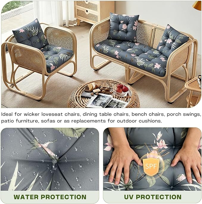 Wicker Chair Cushions Set, 2 U-Shaped Cushions & 1 Loveseat, Waterproof Outdoor Loveseat Cushion for Patio Furniture, Settee Bench Pad All Weather,PinkFlower