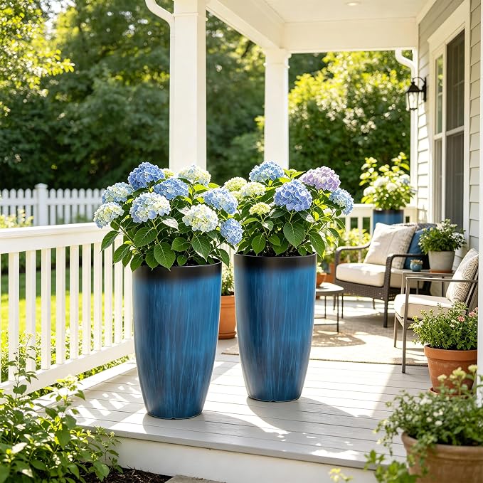 23.75" Round Tall Planters, 2-Pack Large Flower Pots for Indoor Outdoor Plants, UV-Protect PP Container for Garden Patio Yard Balcony Porch or Home Decor, Artistic Floating Cobalt Blue Glaze
