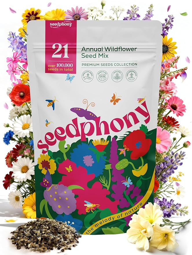 Seedphony 21 Annual Wildflower Mix 4 oz - 100,000 Non-GMO Heirloom Wildflower Seeds for Planting Garden, Wild Flowers in Waterproof Seed Packet, Wild Flowers to Attract Bees, Butterflies & Birds