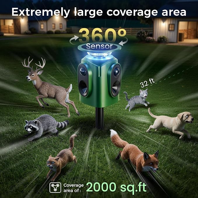 360° Solar Ultrasonic Animal Repellent Outdoor, 2 Pack Deer Repellent Devices with Motion Sensor, IP65 Waterproof Cat Deterrent for Yard, Effective Repel Squirrel, Rabbit, Dog - Green