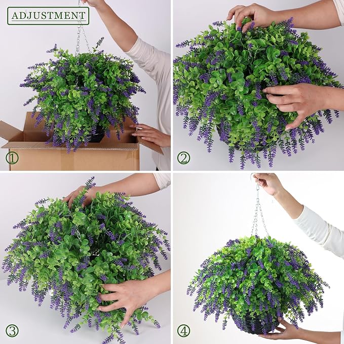 VIERENA Artificial Lavender and Eucalyptus Leaves Hanging Basket - 2 Set for Outdoor Decorations,Fake Flower Hanging Basket UV-Resistant for Porch, Home Garden, Farmhouse, Eaves, Yard Decor