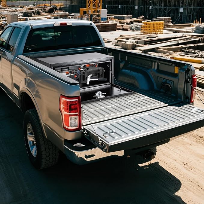 Black Steel Underbody Truck Tool Box with t-Handle Lock & Keys, Heavy Duty Storage Organizer Tool Chest for Pickup Truck Bed, RV & Trailer
