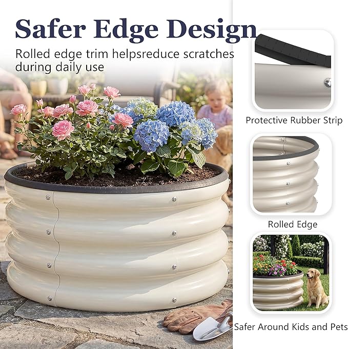 Round Galvanized Raised Garden Bed Kit, 3 Pcs 2 x 2 x 1ft Pearl White Galvanized Garden Boxes, Outdoor for Vegetables