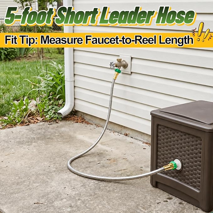 5ft Short Garden Hose with Double Female Connectors - Metal Leakproof Leader Hose for Hose Reel, Heavy Duty 304 Stainless Steel Flexible Hose for Outdoor Garden Watering Car Pet Cleaning