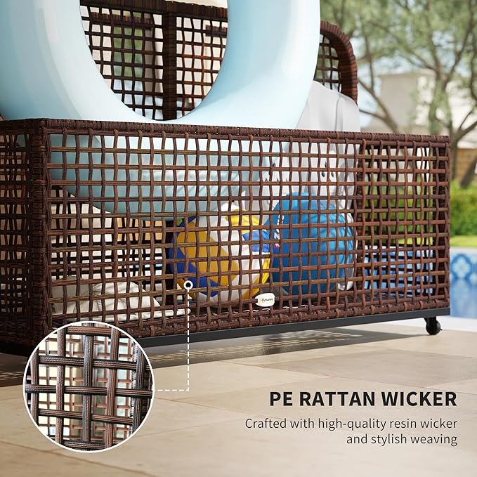 Outsunny Patio Wicker Pool Float Storage with Wheels, Outdoor Rolling PE Rattan Pool Caddy, Includes Compartment and Basket, for Pool, Garden, Deck, Brown
