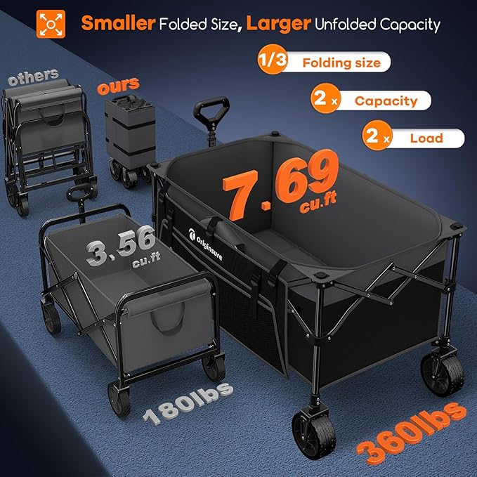 Originsure 220L Collapsible Wagon Cart Foldable, 38" L Extra Large Heavy Duty Folding Beach Wagons with All-Terrain Wheels, Utility Carts for Camping, Sports, Shopping, Groceries - Grey&Black