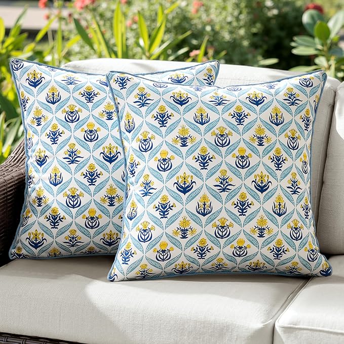 ANRODUO Floral Outdoor Pillow Covers 18x18 Waterproof Set of 2 Block Print Accent Decorative Cushion Cases with Refined Edge Piping for Spring Patio Porch Garden Couch Sofa Bench Decor Yellow