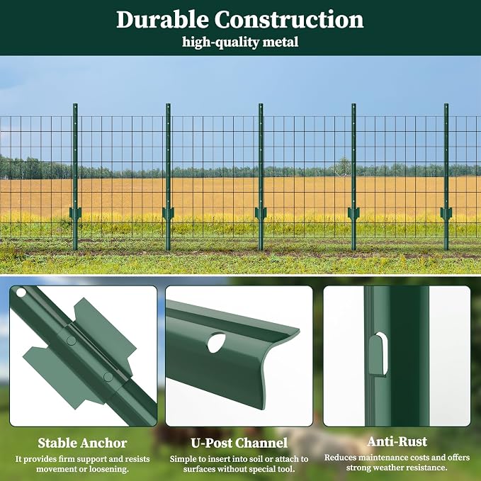 10 Pack Metal Garden Fence Posts 3 FT Green – Heavy Duty U-Post for Wire Fencing, No-Dig Fence Stakes for Temporary Fencing, Corner Anchor Posts, Rustproof Powder-Coated Steel for Farm, Yard & Garden