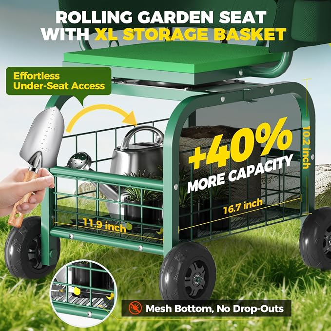 Suntee Garden Seat with Wheels, Rolling Gardening Stool with 360° Swivel Seat & Backrest,Tool Storage Basket & Back Tool Pouch, Adjustable Handle, Outdoor Gardening Scooter, Garden Cart for Seniors