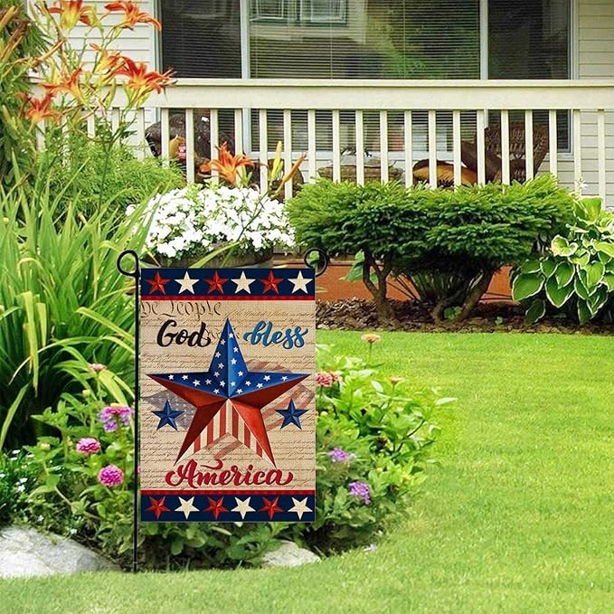 Patriotic God Bless America 4th of July Garden Flag 12 x 18 Inch Vertical Double Sided Blue Red Star Independence Day Memorial Day Yard Outside Décor