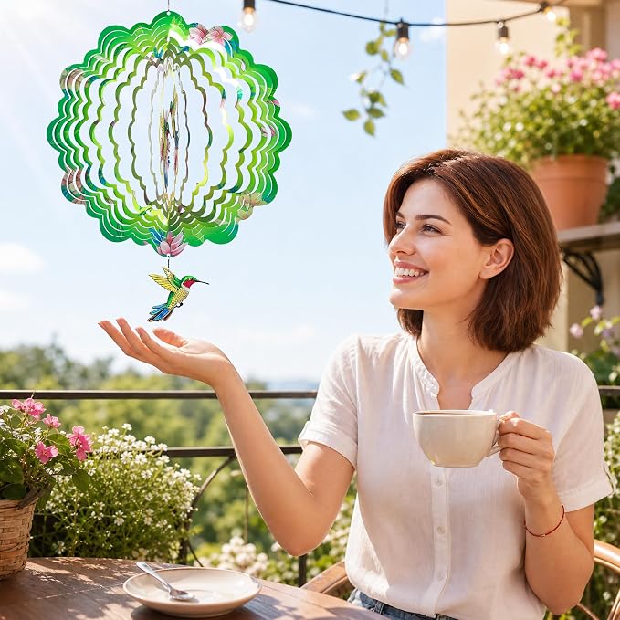 Hummingbird Wind Spinners Outdoor Decor, IDEA SHOW 12 in 3D Kinetic Stainless Steel Hanging Wind Spinner Sculpture with Pendant, Rustproof Metal Yard Art Garden Decorations, Unique Gifts for Women Mom