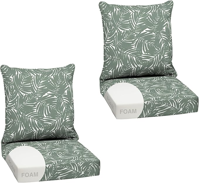 Arden Outdoor Foam Deep Seat Cushion Set (2-Pack), 24x24, Premium High-Density Foam, Never Flattens, Weather-Proof for Patio Chair Sofa Couch, Sage King Palm