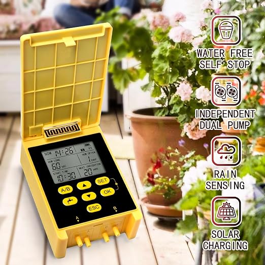 Solar Powered Dual Pump Drip Irrigation Kit,Child Lock 2 Group Automatic Watering System with Rain Sensing Digital Display Screen for Garden Patio Balcony Vacation (for 20 Pot Plants)