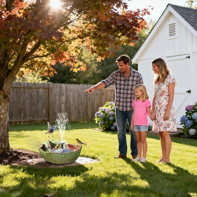 Ceramic Bird Bath for Outdoors, Solar Fountain Hummingbird Solar Bubbler Fountain with Ground Ceramic Bird Baths Bowl for Outside, Large Table Top Garden Décor for Patio, Yard & Home