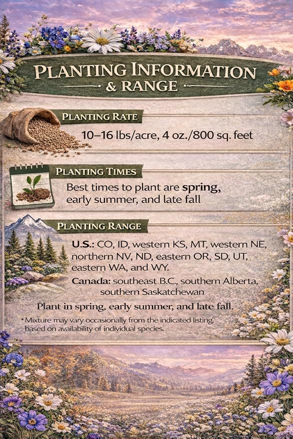 Western U.S. Regional Wildflower Seed Mix, 1/4 lb Covers 800 sqft, Multi-Color Annual and Perennial Non-GMO Blooms, Spring and Fall Planting (1/4 Pound)