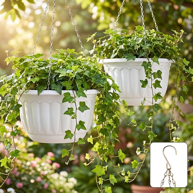 12 Sets Hanging Planters for Indoor and Outdoor Plants Self Watering Hanging Basket Flower Pots Plastic Plant Pots with Drainage Hole and Absorbing Tray(White,10 Inch)