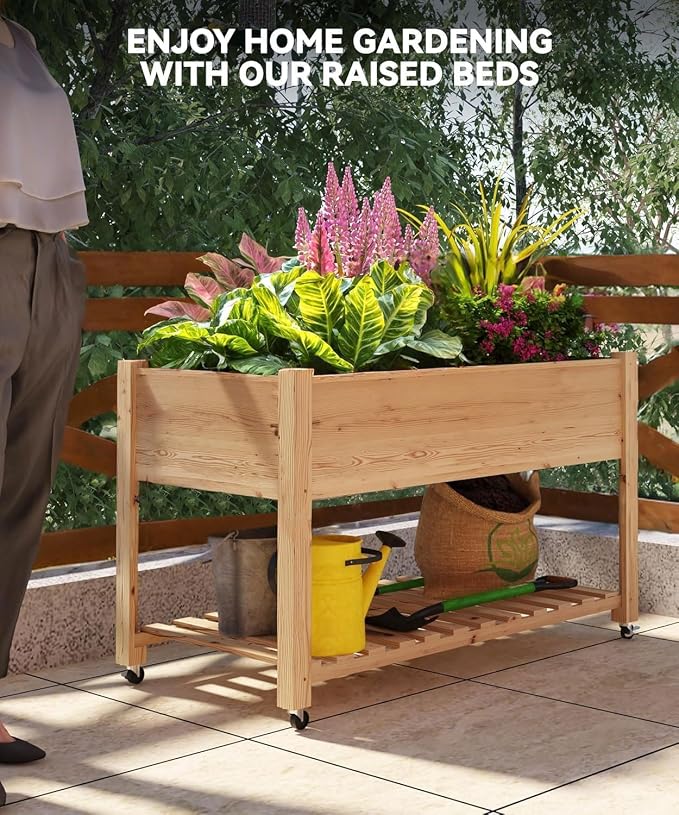 CABIHOME 48x24x32 in Mobile Elevated Raised Garden Bed, Wood Planter with Lockable Wheels, Storage Shelf & Protective Liner for Indoor/Outdoor Gardening, Natural